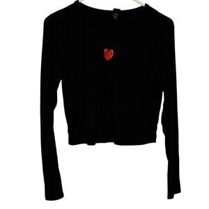 Wild Fable Black Cropped Top Red Heart Embroidered Long Sleeve Size Large